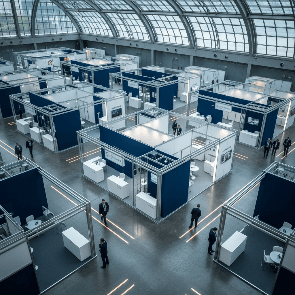 Aerial view of an exhibition floor with AI insights pinned to booths