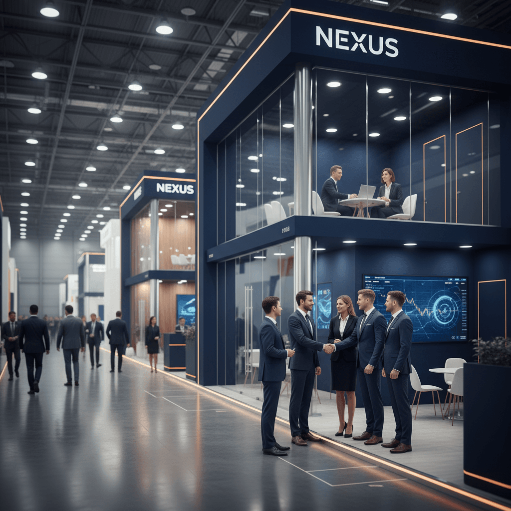 Business people shaking hands in front of an exhibition stand