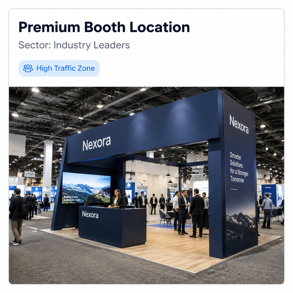 An exhibition booth on a busy trade-show floor
